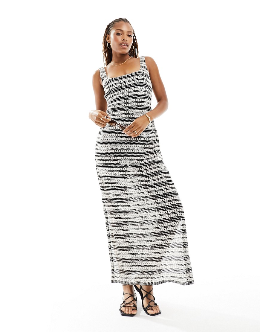 South Beach tie shoulder stripe knit dress in black and white-Multi