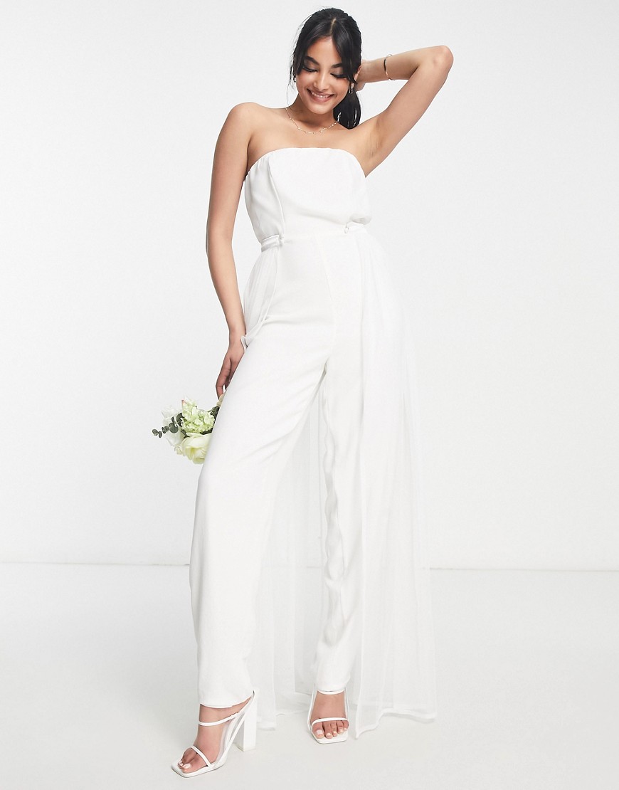 Starlet Bridal exclusive tulle overlay jumpsuit in ivory-White