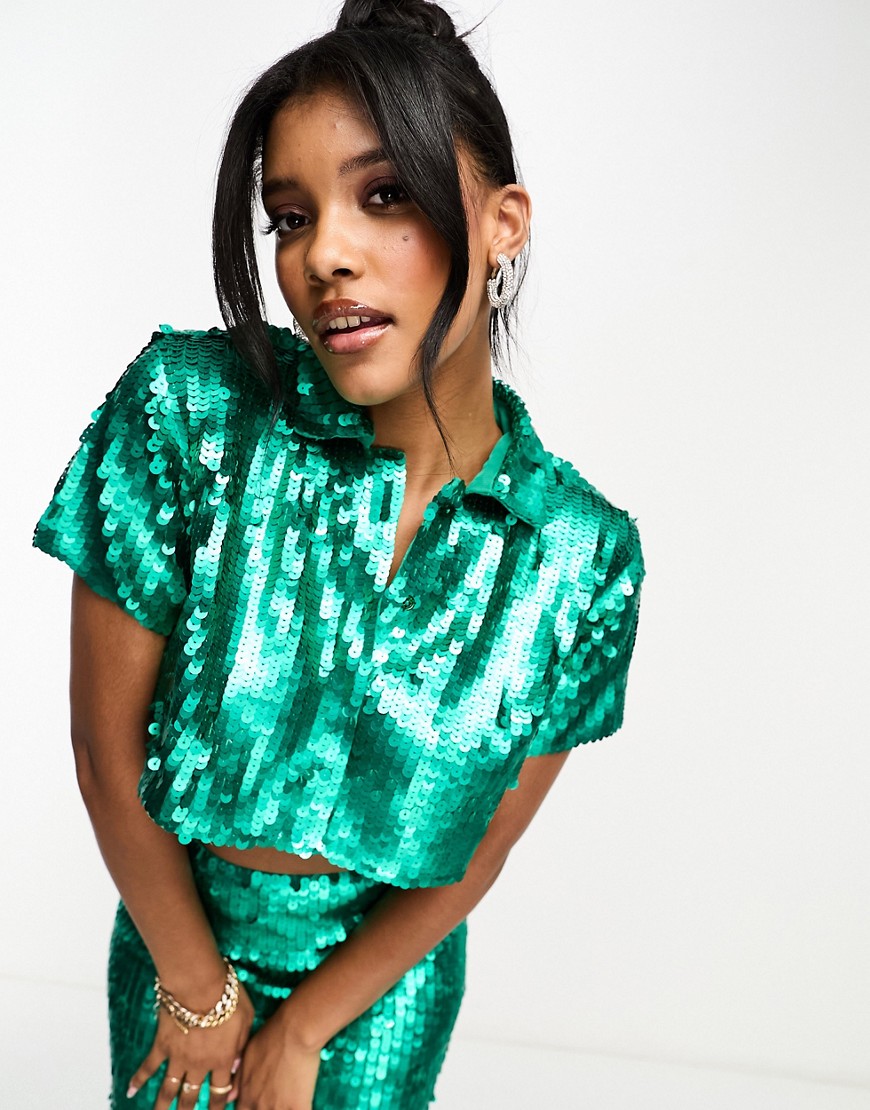 Starlet embellished sequin top co-ord in emerald green