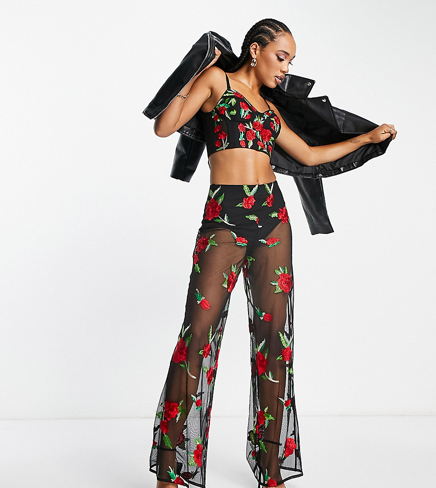 Starlet high waist flare trousers in sheer rose embroidery co-ord-Black
