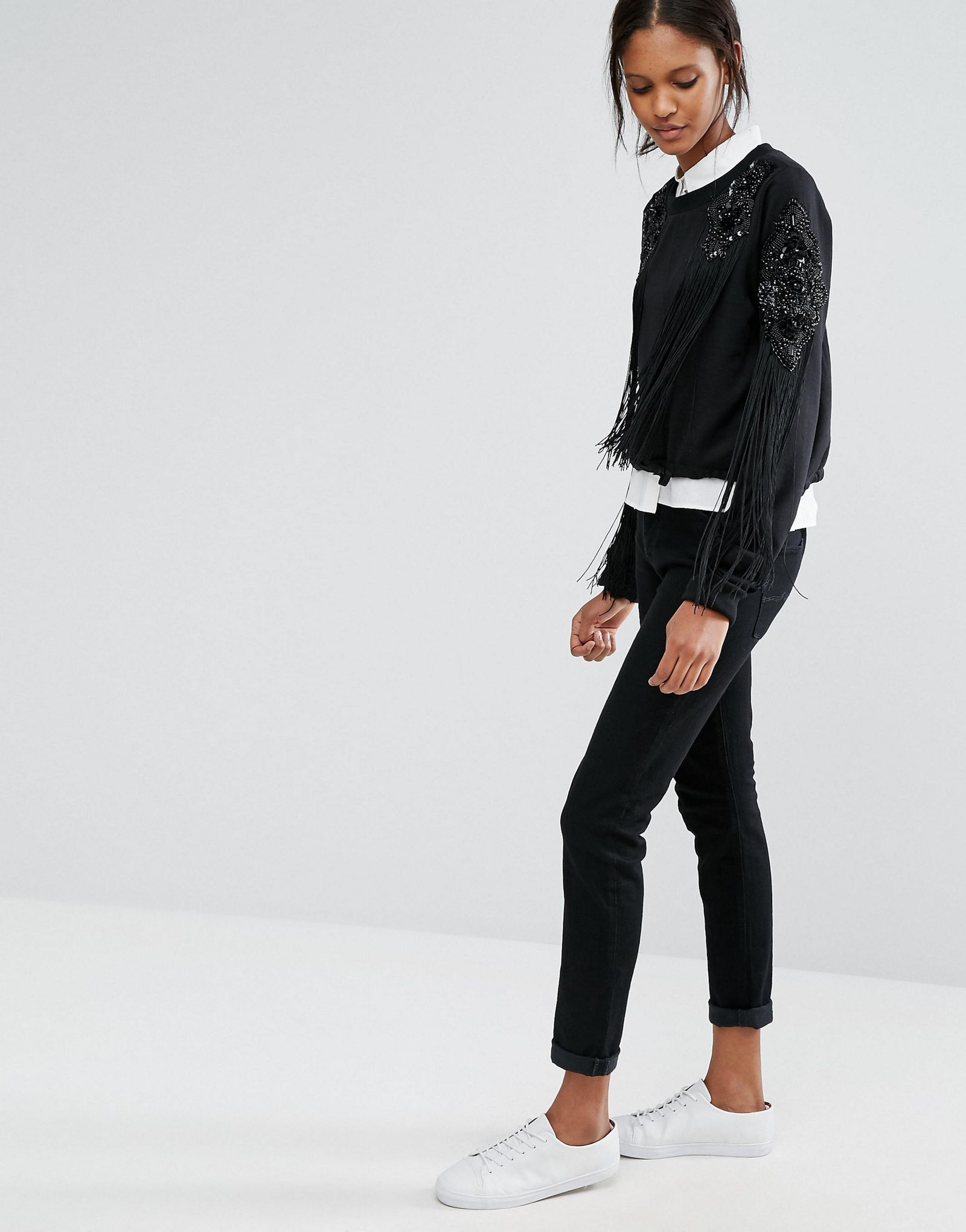 Starry Eyed Tall Crop Sweatshirt With Beaded Sleeve Detail And Tie Waist