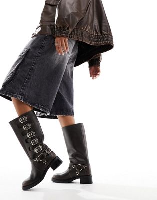 Battle leather biker boots in brown with multi buckles