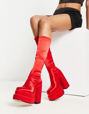 Cypress knee boots in stretch red satin