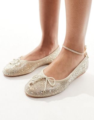 embellished flat shoe with bow in champagne