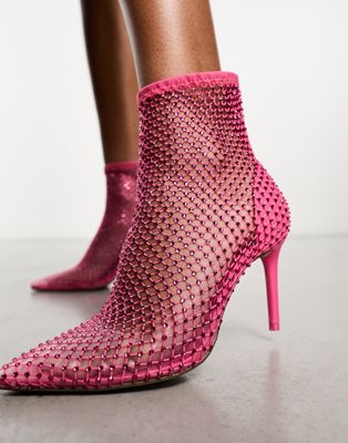Rank Up mesh rhinestones heeled ankle boots in flamingo pink