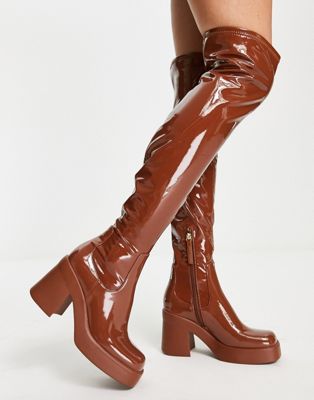 Seasons heeled over the knee boots in cognac patent