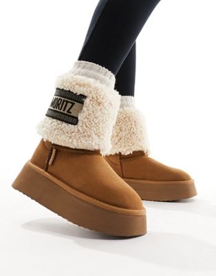 St.Moritz fluffy cuff ankle boot in chestnut