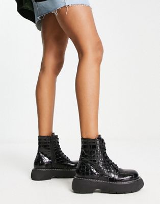Wanny lace front chunky boots in black croc