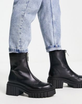 chunky zip front boot in black