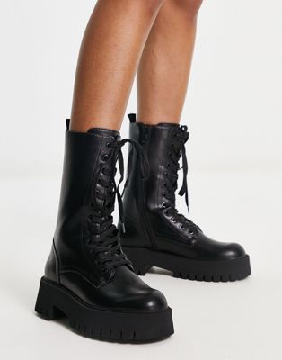mid calf lace up biker boot in black