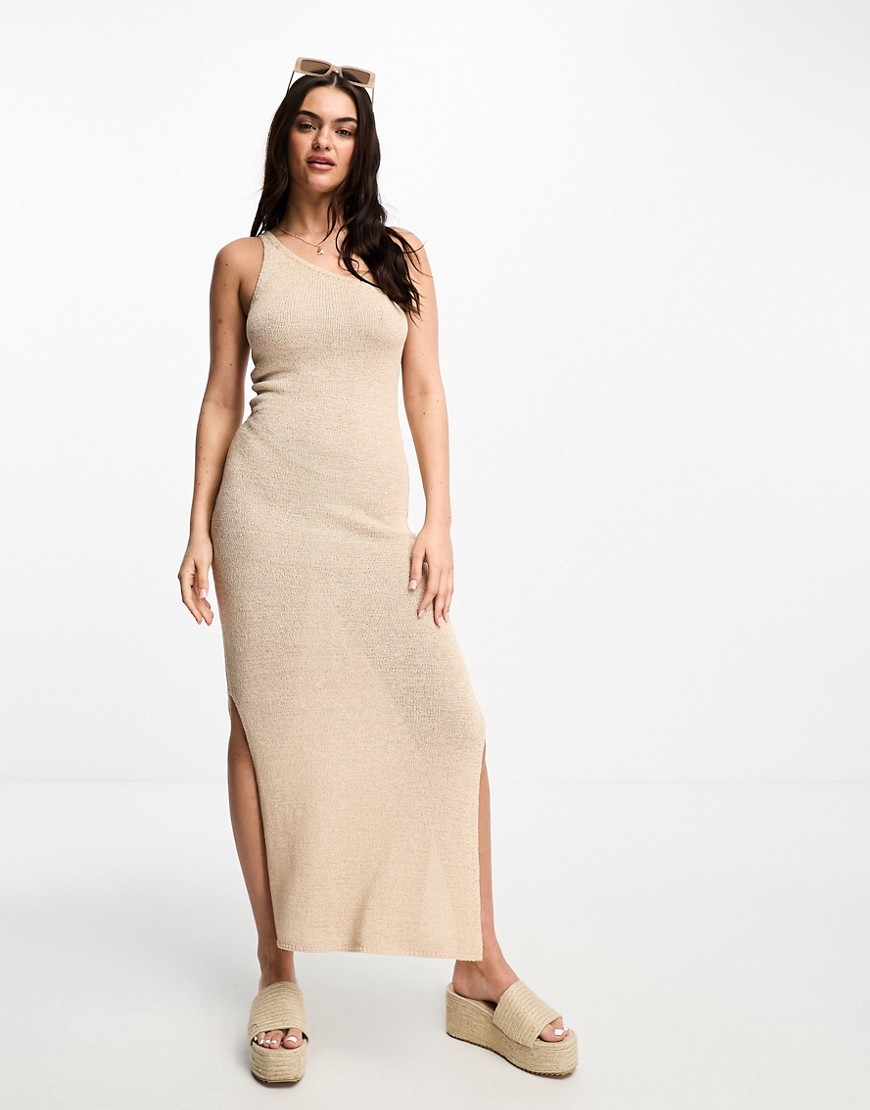 Stradivarius one shoulder crochet knitted maxi dress in natural-Neutral