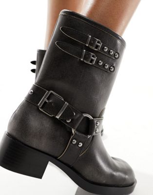 square toe biker boot with buckle in washed black