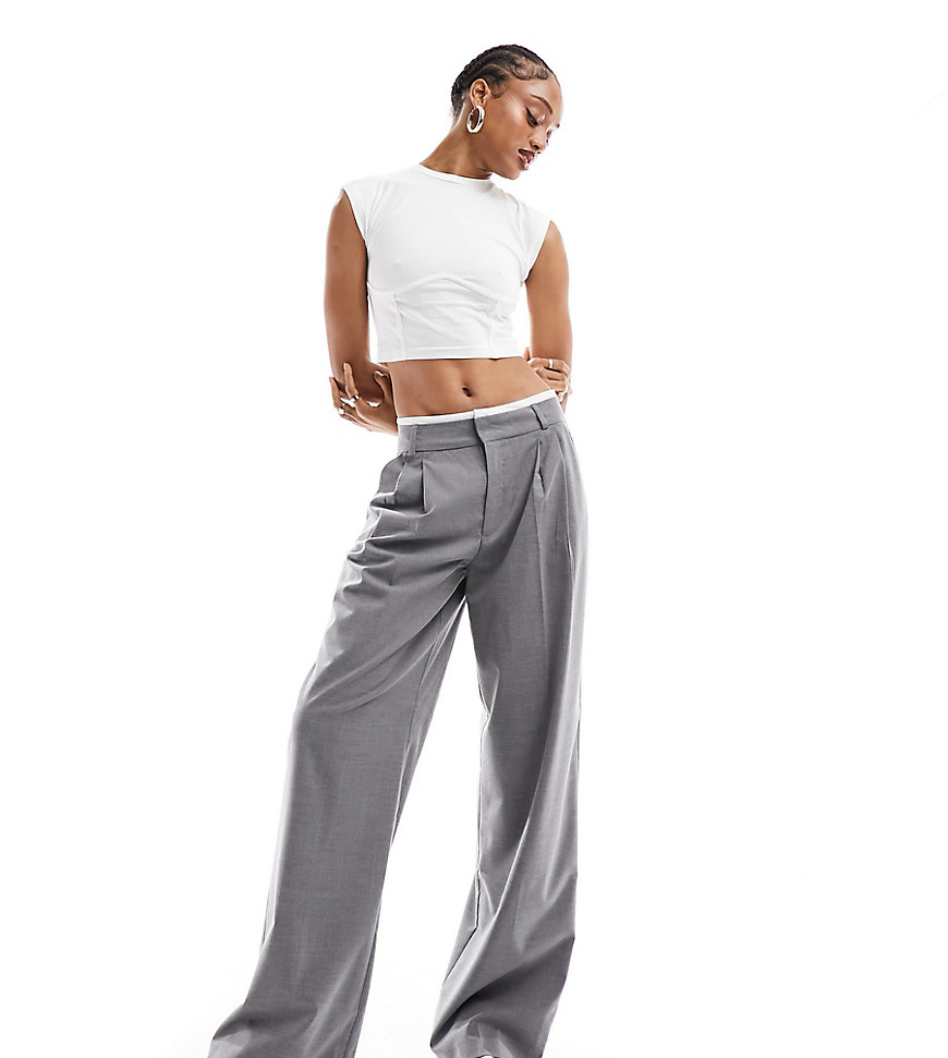Stradivarius Tall tailored wide leg trouser with boxer waistband in grey