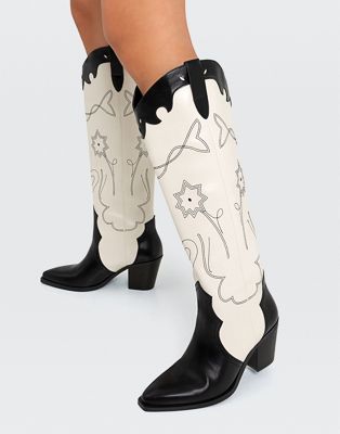 western boot in black and white with embroidery detail