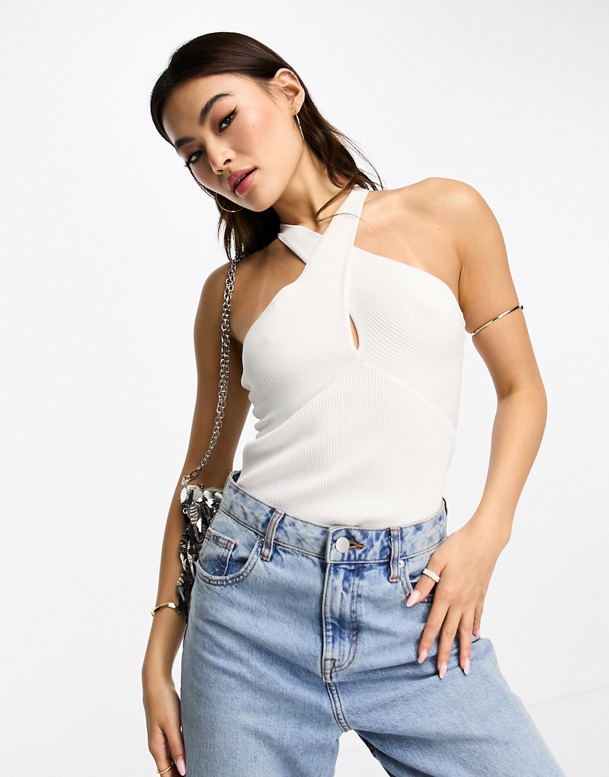 Style Cheat halter-neck knitted top in ivory-White