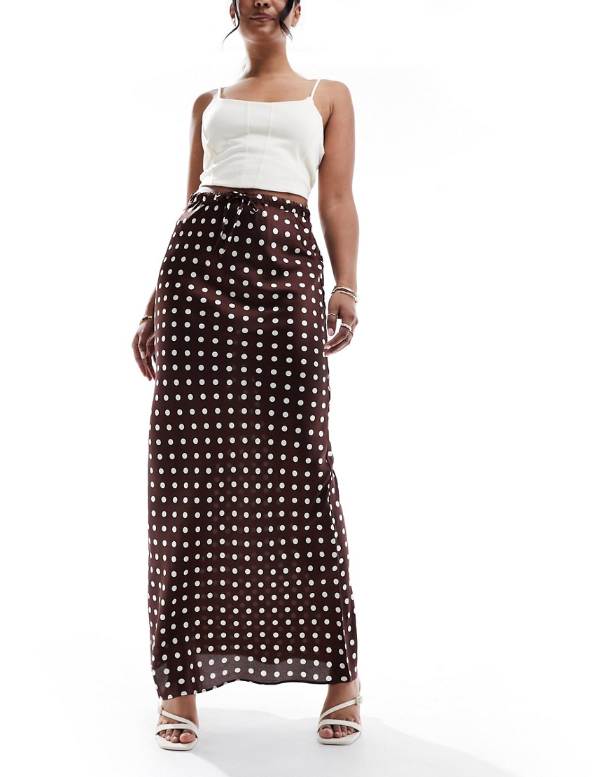 Style Cheat satin maxi skirt with tie waist in brown spot
