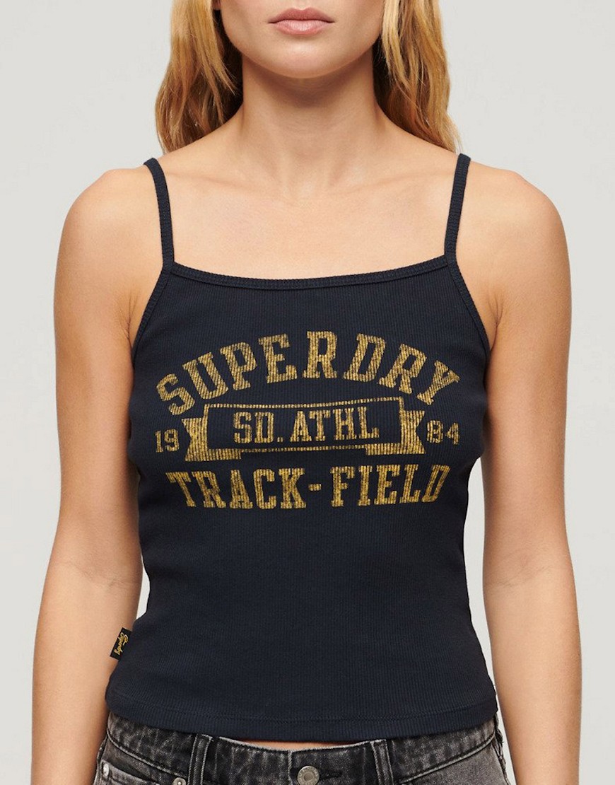 Superdry Athletic college graphic rib cami top in eclipse navy