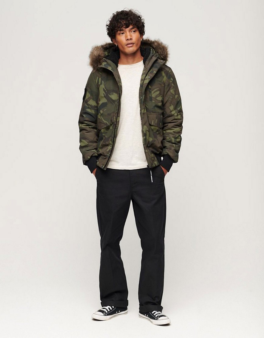 Superdry Hooded everest puffer bomber jacket in army camo-Green