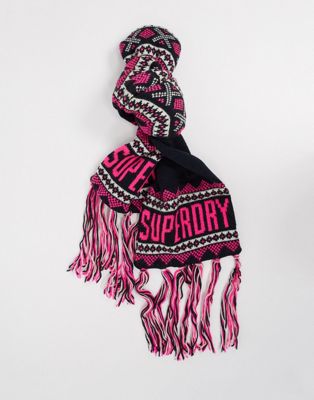 Superdry jenna fairisle scarf in navy with pink logo print - Click1Get2 Mega Discount