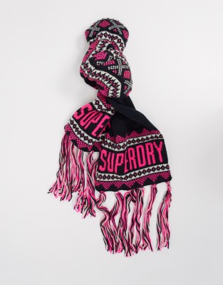Superdry jenna fairisle scarf in navy with pink logo print - Click1Get2 On Sale