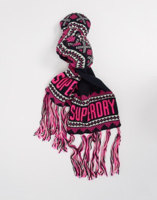 Superdry jenna fairisle scarf in navy with pink logo print - Click1Get2 Sale Trends