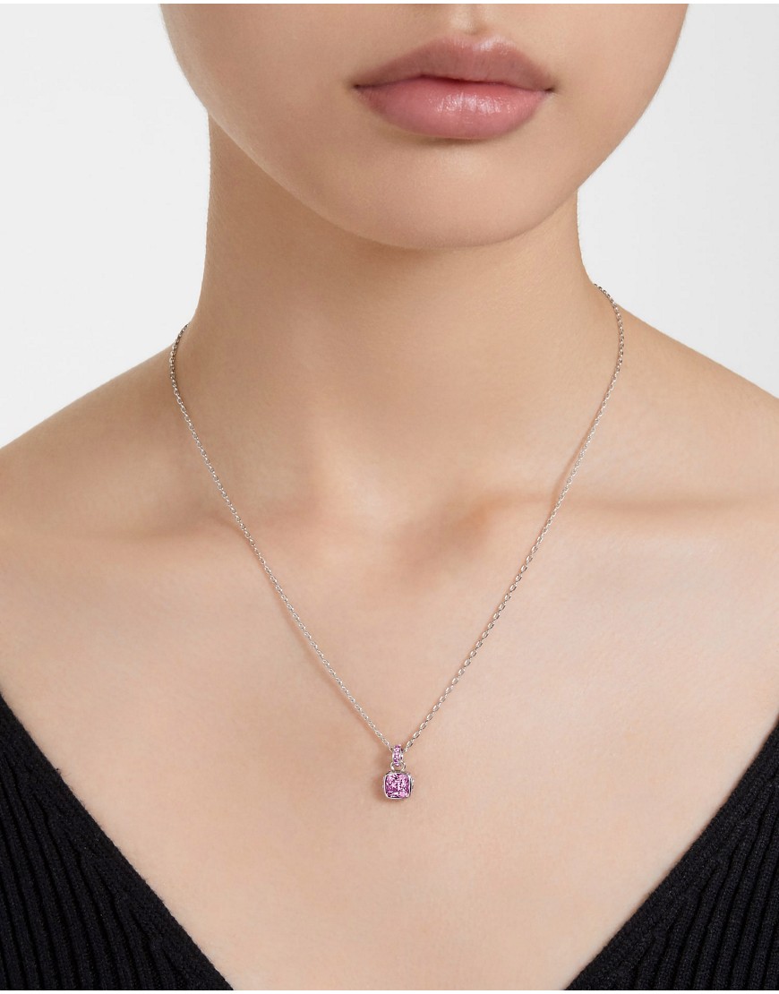 Swarovski Birthstone pendant, square cut, february, pink, rhodium plated in purple, rhodium plating