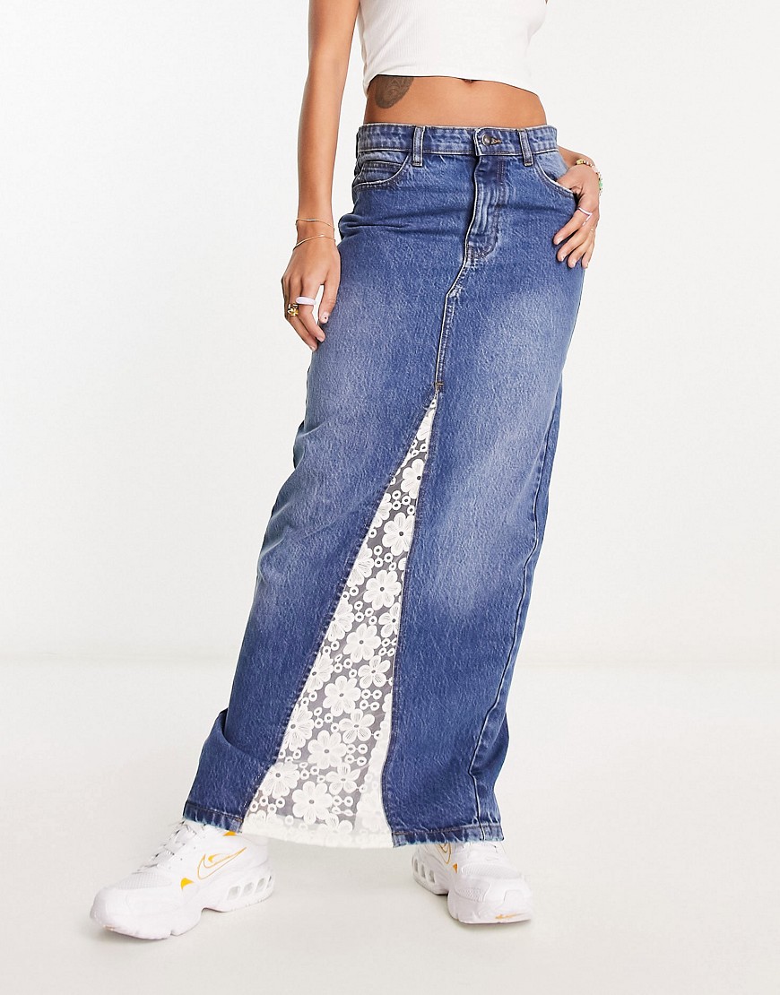 Tammy Girl 90s maxi denim skirt with lace insert-Green