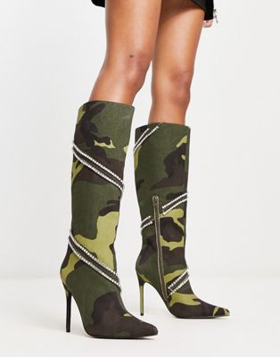 Tammy Girl embellished heeled knee boots in camo