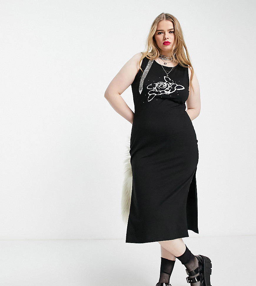 Tammy Girl Plus bodycon midi dress with side splits and rose spray print-Black