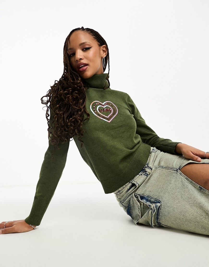 Tammy Girl retro roll neck jumper with sequin heart logo-Green