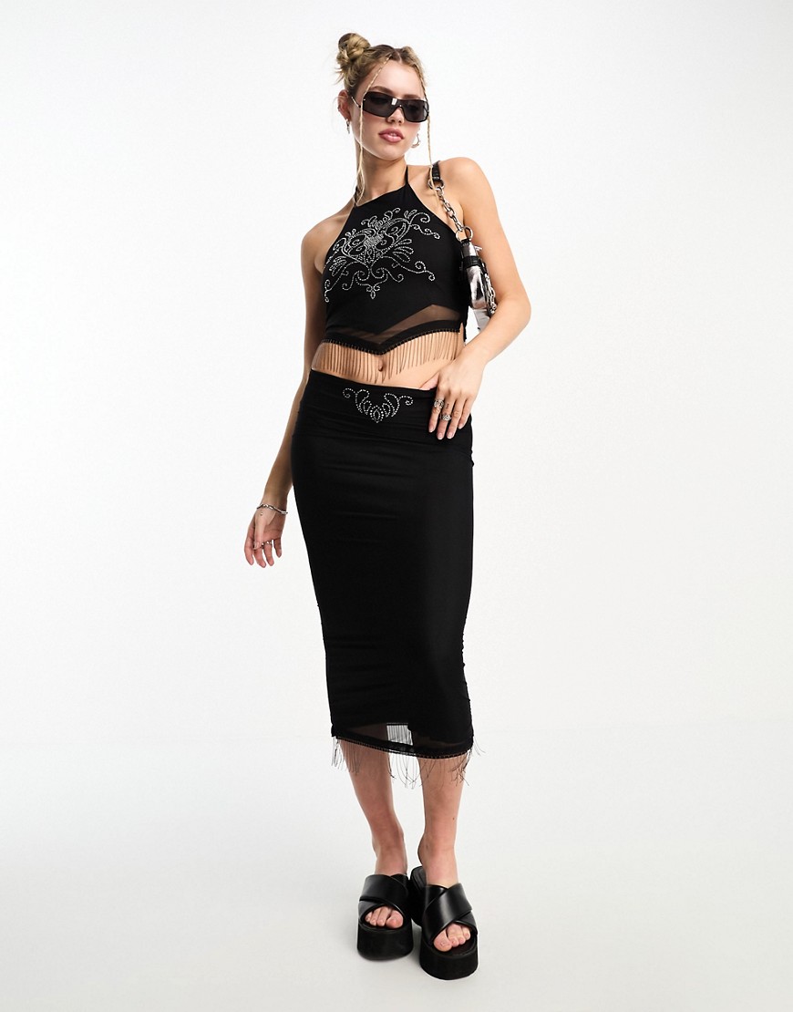 Tammy Girl tassle midi skirt with rhinestones co-ord in black