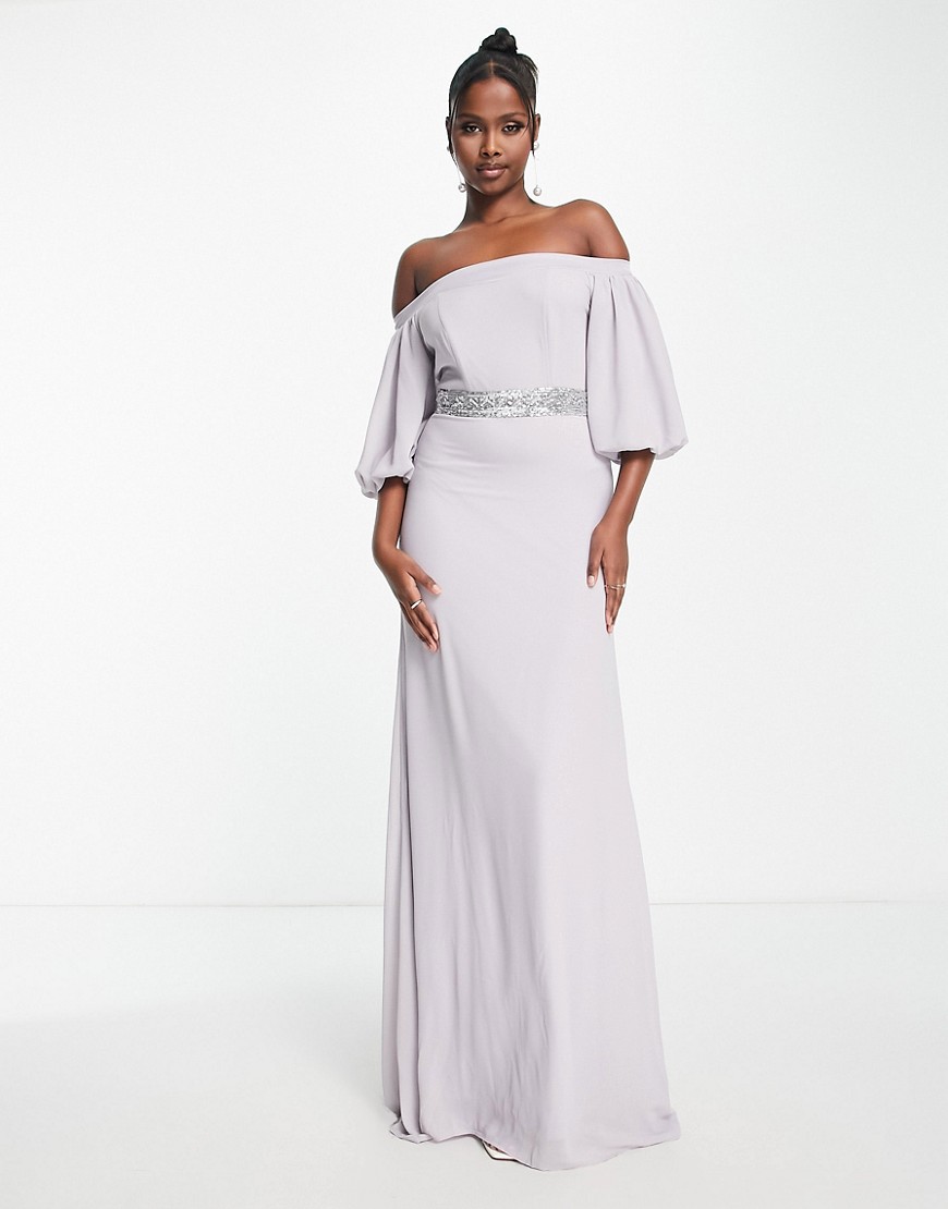 TFNC Bridesmaid bardot chiffon maxi dress with embellished waist in grey