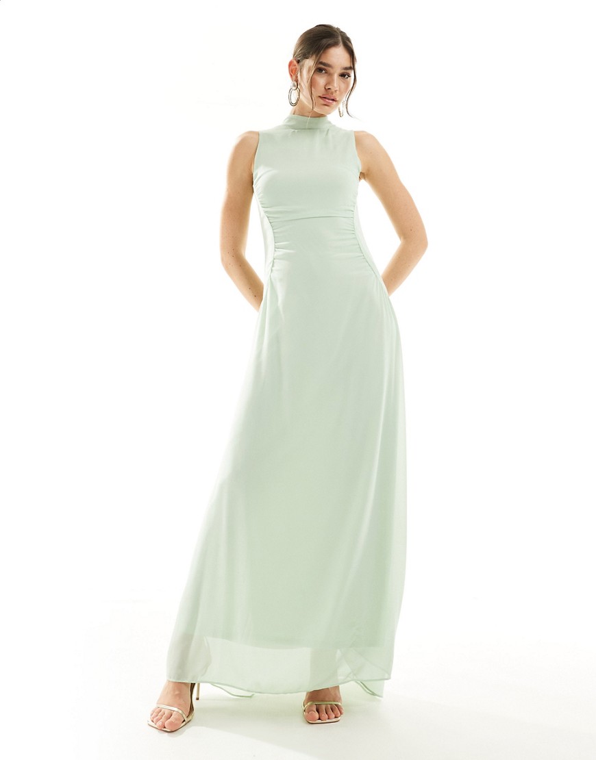 TFNC Bridesmaid chiffon high neck gathered maxi dress with straight skirt in fresh mint-Green