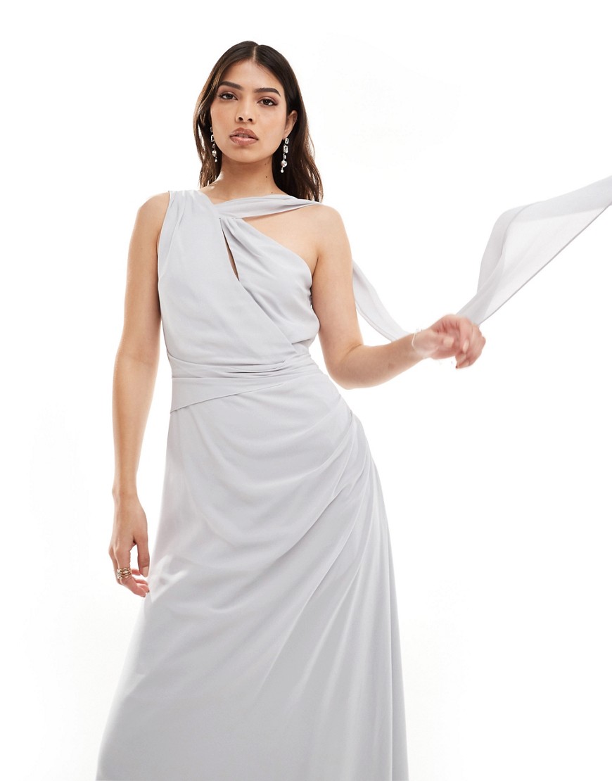 TFNC Bridesmaid chiffon one shoulder drape maxi dress in silver