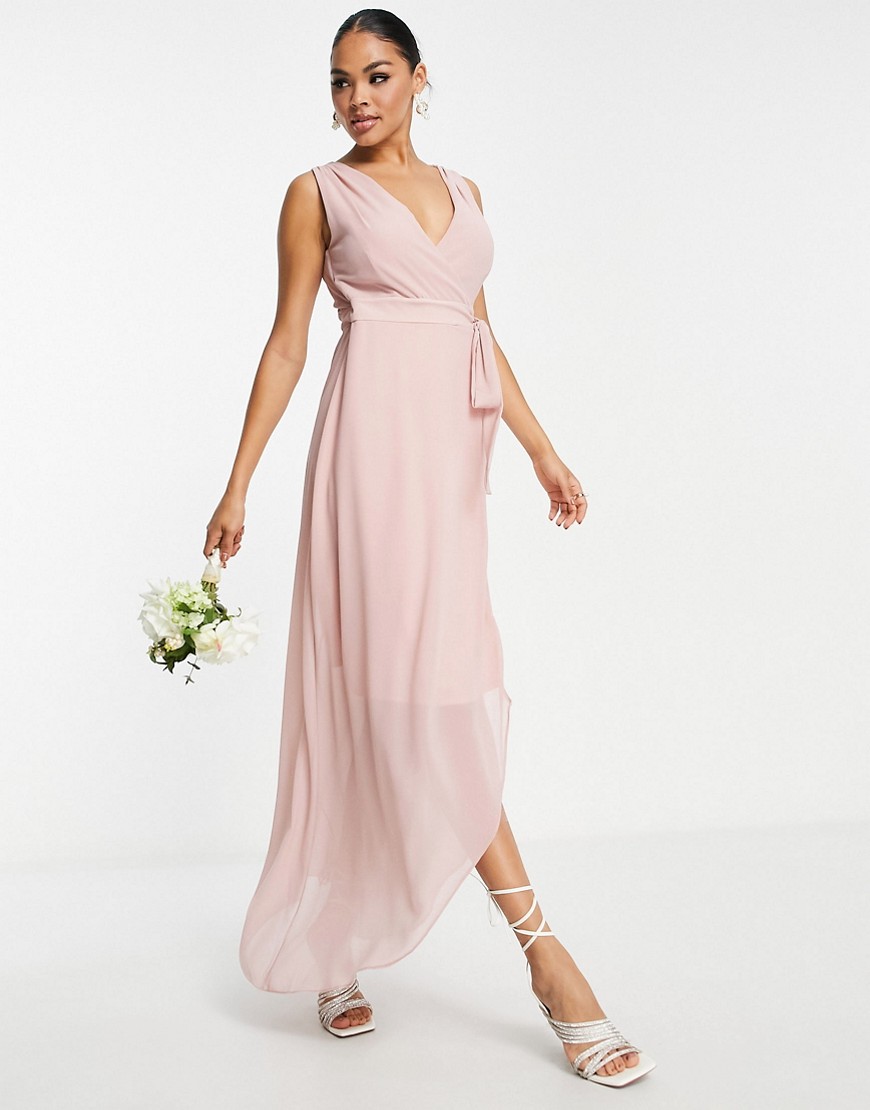 TFNC Bridesmaid chiffon wrap maxi dress in mauve-Pink