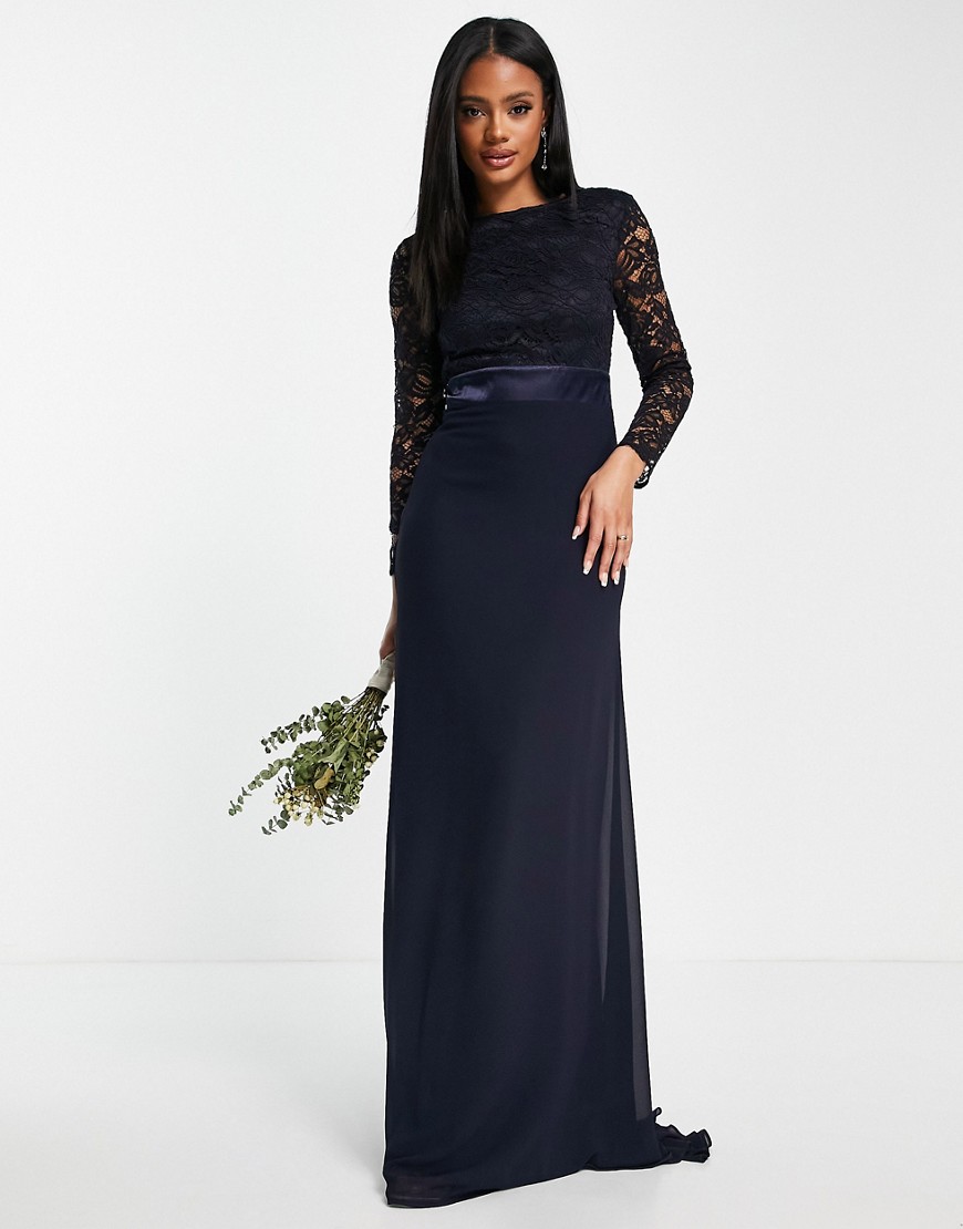 TFNC Bridesmaids chiffon maxi dress with lace scalloped back and long sleeves in navy