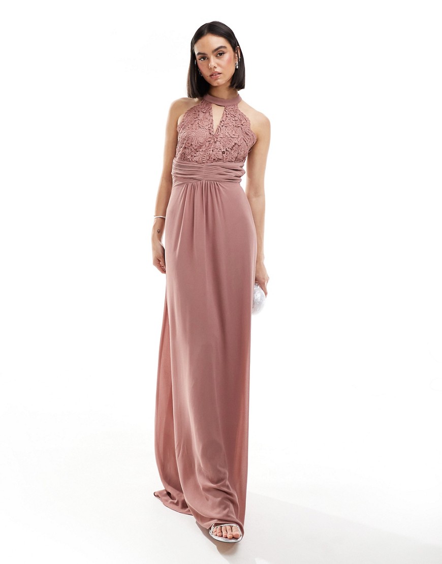 TFNC Bridesmaids halterneck maxi dress with lace detail in mauve-Pink