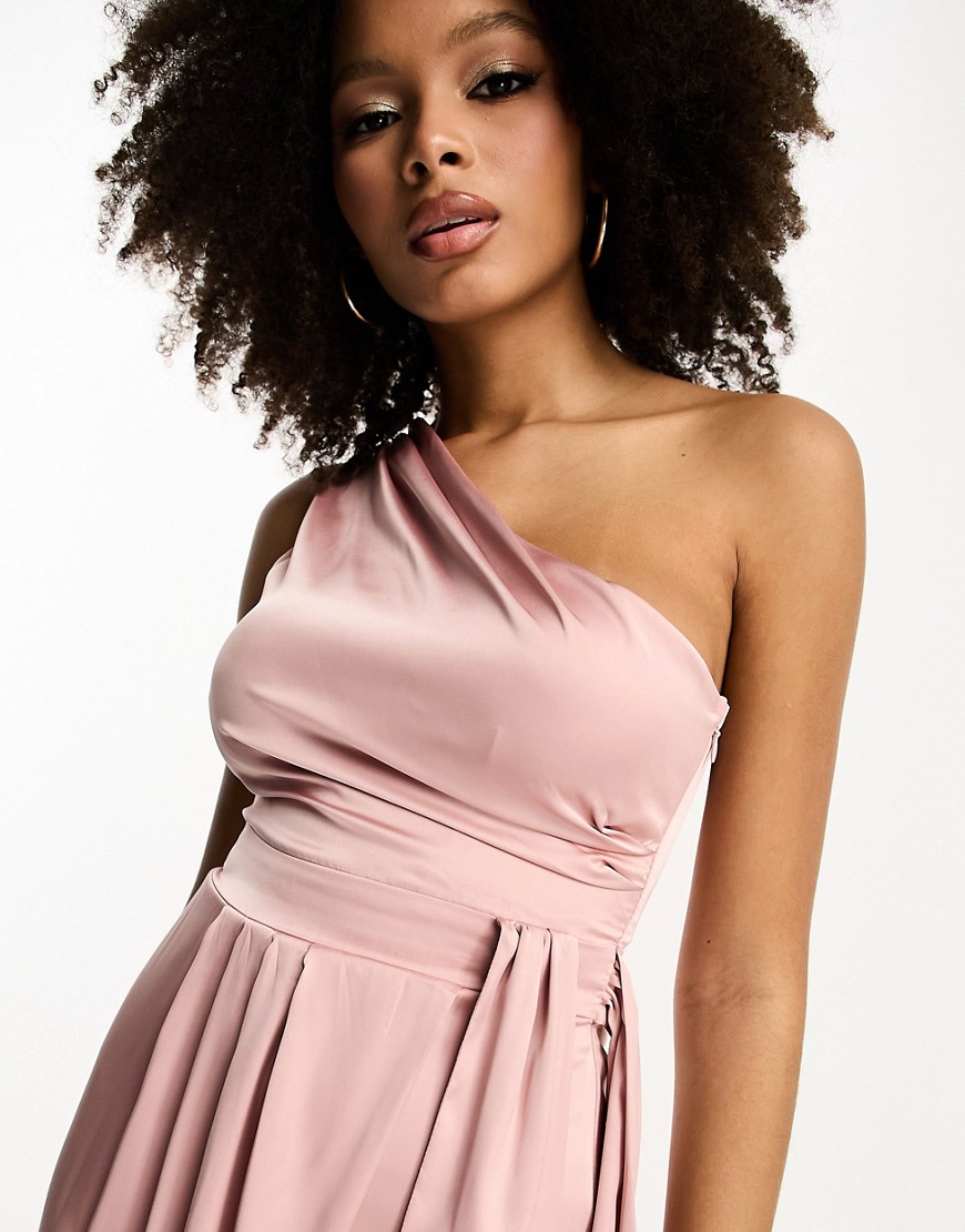 TFNC Bridesmaids one shoulder maxi dress with pleated detail in dusky pink