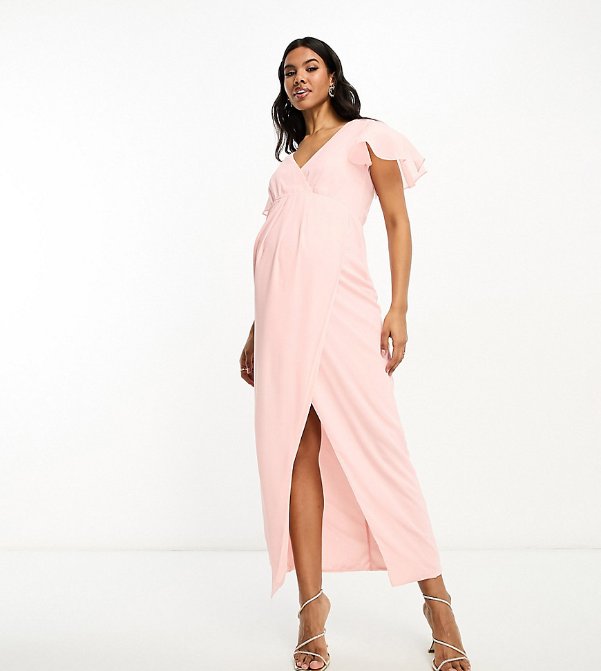 TFNC Maternity Bridesmaid chiffon wrap front maxi dress with flutter sleeve in whisper pink