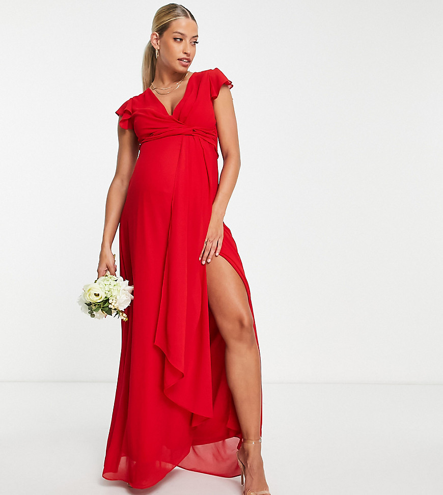 TFNC Maternity Bridesmaid flutter sleeve ruffle detail maxi dress in red