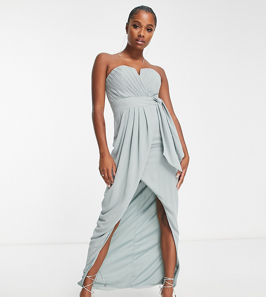 TFNC Petite bridesmaid exclusive bandeau wrap midaxi dress with pleated detail in sage-Green