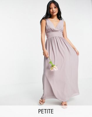 TFNC Petite Bridesmaid top wrap chiffon dress in light gray