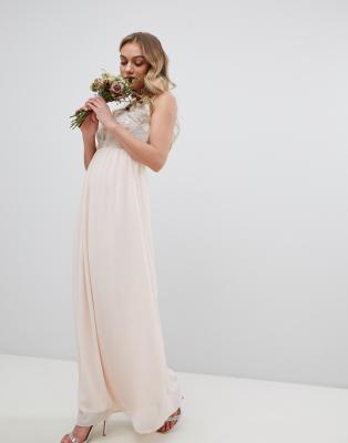 tfnc petite pleated maxi bridesmaid dress with spot mesh frill detail