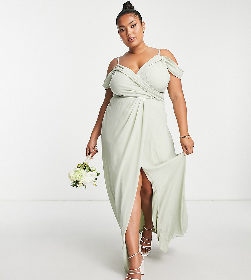 TFNC Plus Bridesmaid drape shoulder wrap dress in sage green