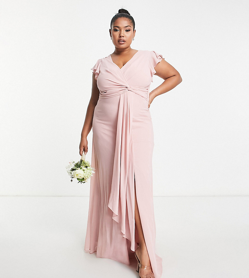 TFNC Plus Bridesmaid flutter sleeve ruffle detail maxi dress in blush-Pink