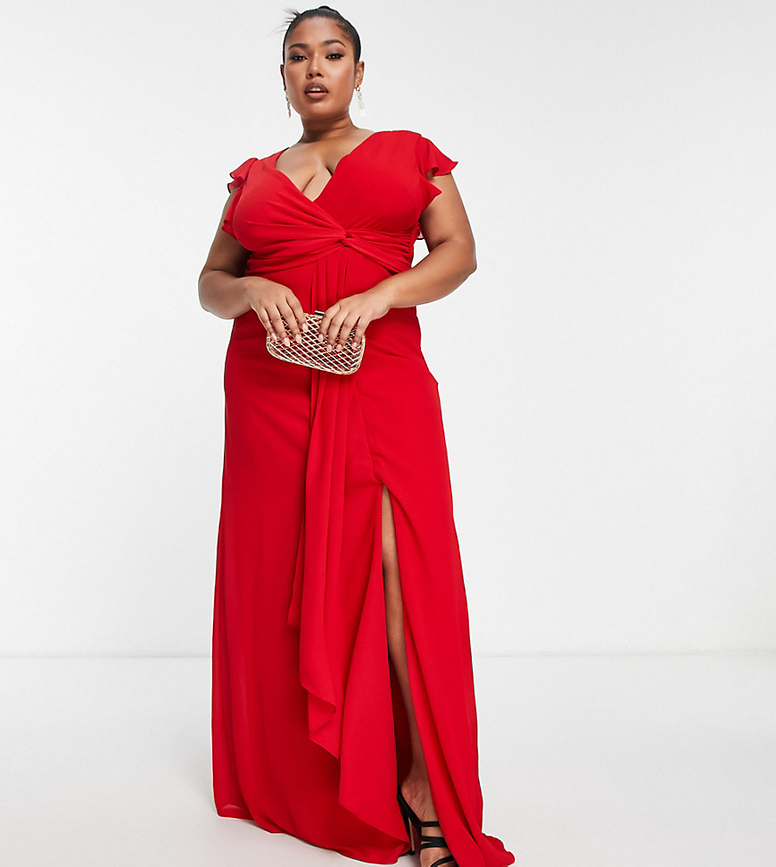 TFNC Plus Bridesmaid flutter sleeve ruffle detail maxi dress in red