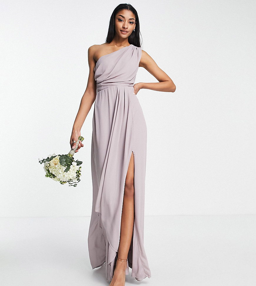 TFNC Tall Bridesmaid chiffon one shoulder drape maxi dress in lavender grey