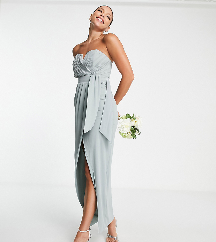 TFNC Tall bridesmaid exclusive bandeau wrap midaxi dress with pleated detail in sage-Green