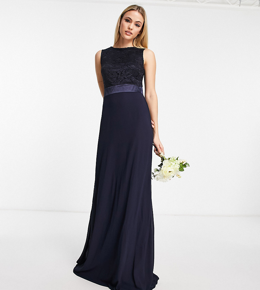 TFNC Tall Bridesmaids chiffon maxi dress with lace scalloped back in navy