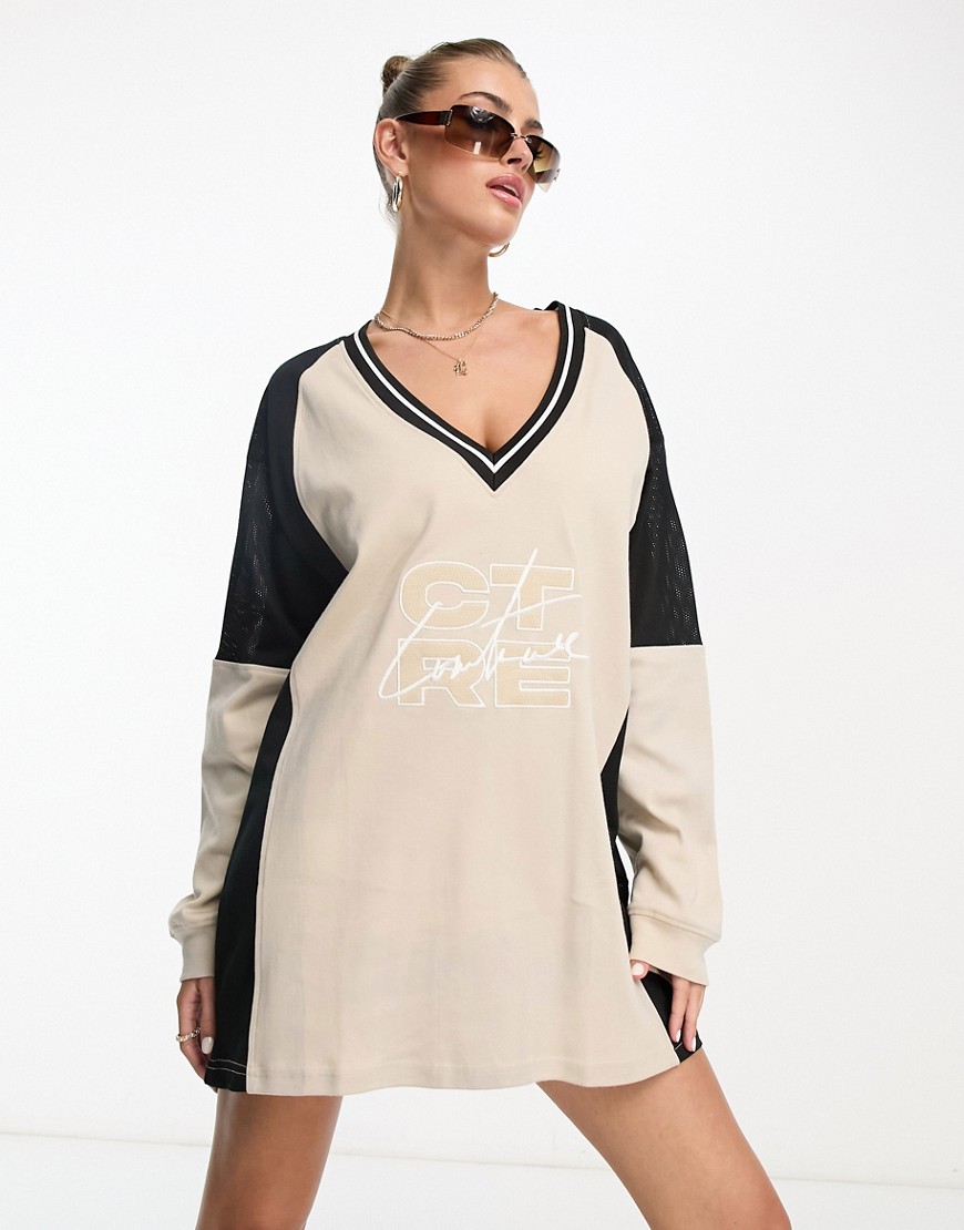 The Couture Club v neck contrast mini sweater dress in beige-Neutral